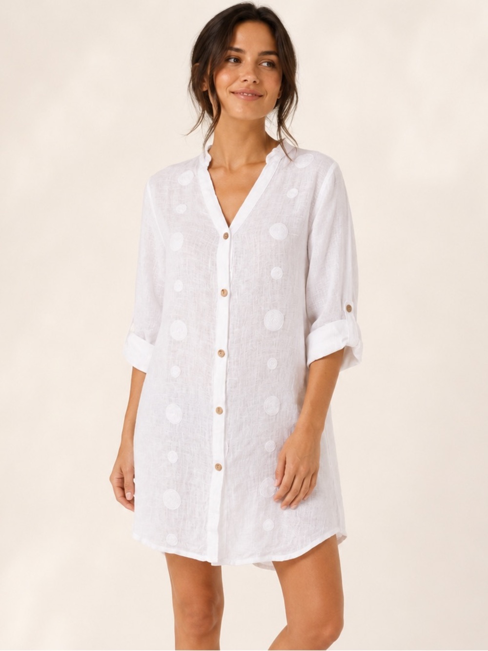 Rosemarine White Linen Embroidered Cover Up Dress